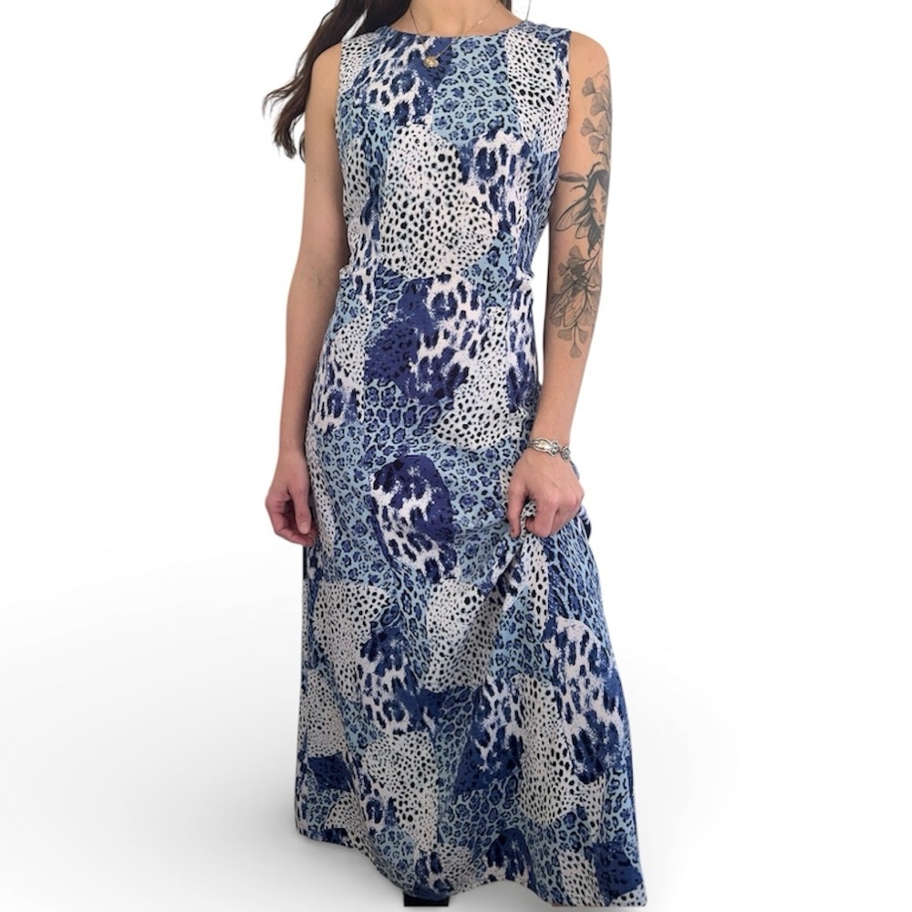 Y2K Blue Patchwork Leopard Print Midi Dress Sleeveless Animal Print Dress Size S